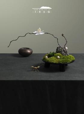 天青苔绿 大理石花器干枝艺术摆件 样板间酒店会所茶室桌面苔藓