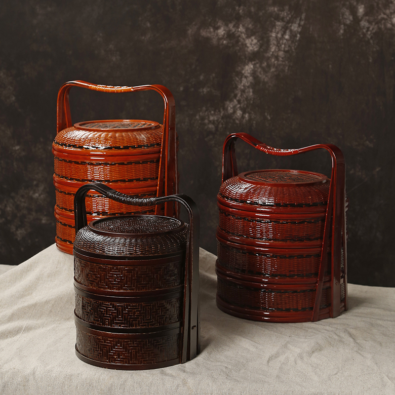中式复古三层竹编手提篮食盒茶具收纳带盖结婚喜盒礼品野餐竹篮子