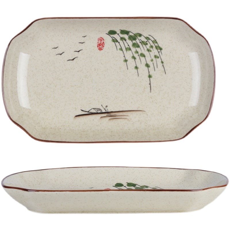 日式和风精致家用陶瓷椭圆形蒸鱼盘子复古怀旧仿古老式农家乐餐具