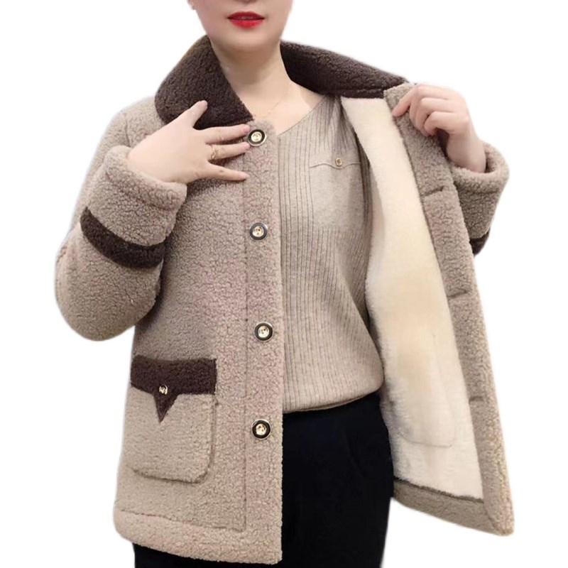 中年妈妈冬装羊羔毛外套新款中老年女加绒加厚50岁颗粒绒棉袄上衣