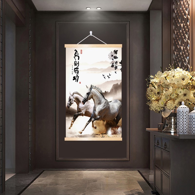 八骏图入户玄关装饰画竖版马到成功国画万马奔腾画客厅八马图挂画