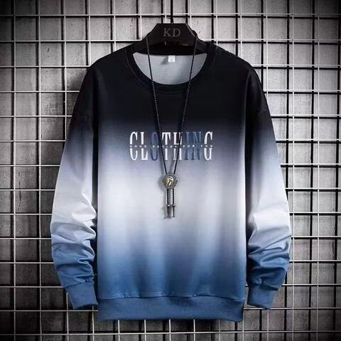 渐变色卫衣男士春秋季运动休闲宽松潮流印花上衣服圆领长袖T恤衫