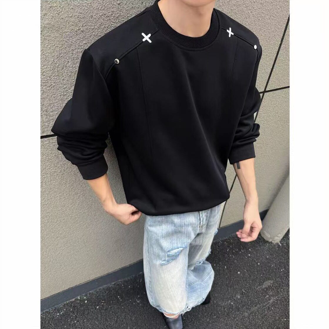 小众肩部刺绣铆钉装饰卫衣男春秋圆领设计感宽松休闲百搭长袖上衣