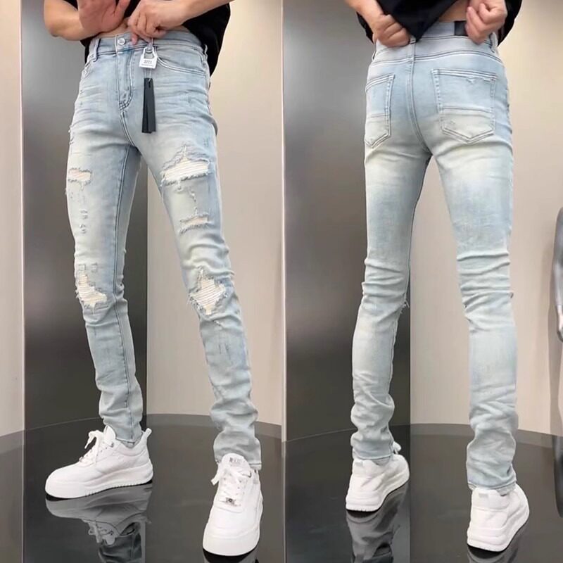 春季新款蓝色修身弹力牛仔裤男潮流网红休闲裤百搭破洞青年小脚裤