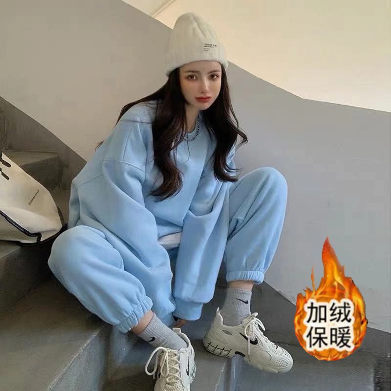 加绒加厚休闲时尚慵懒运动套装女秋冬新款宽松长袖卫衣长裤两件套