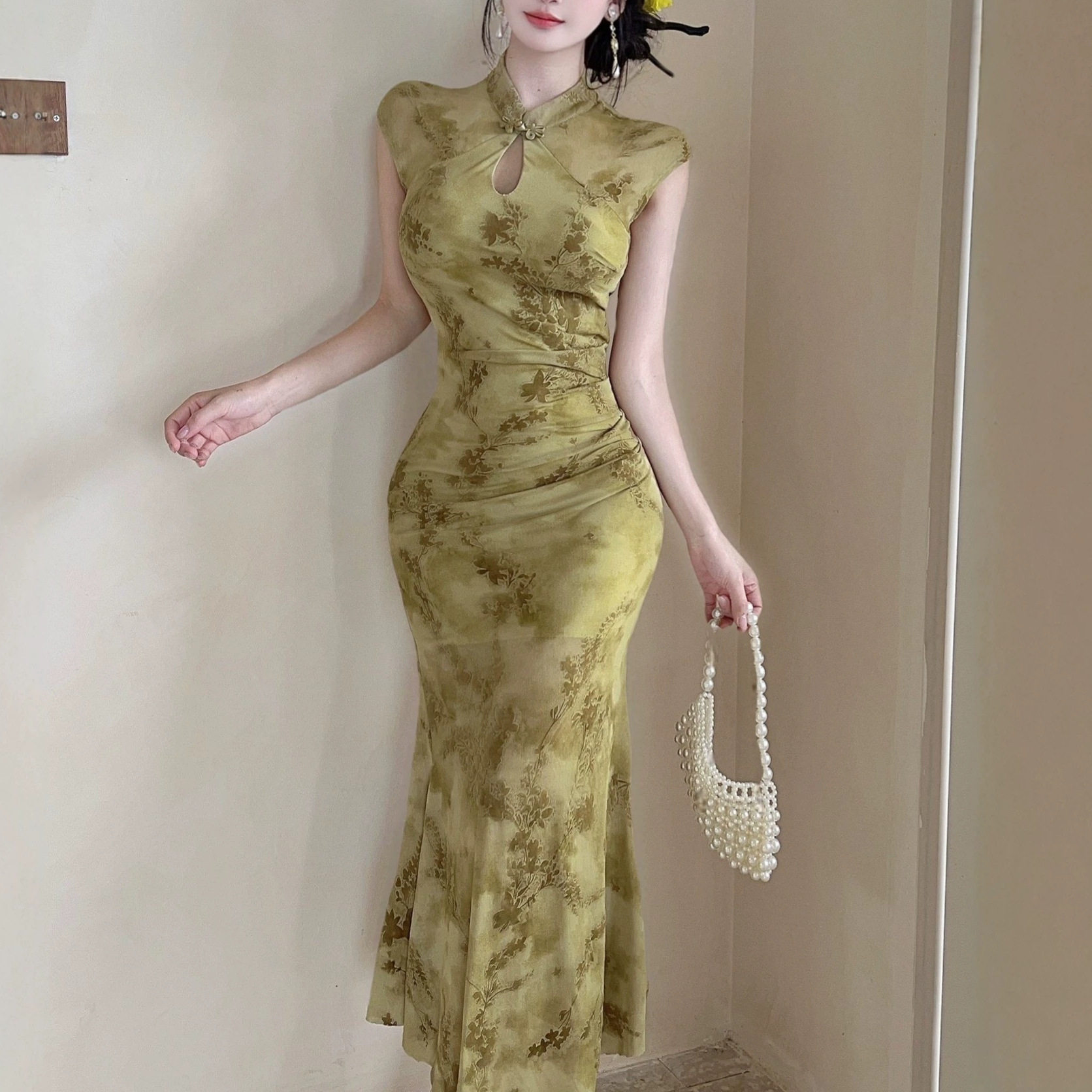 中国风网纱拼接印花绝美气质改良旗袍连衣裙女修身长款包臀鱼尾裙