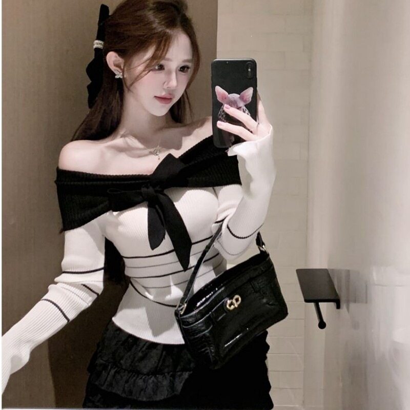灰色V领长袖拼接领带针织衫毛衣女秋冬季新款设计感韩系短款上衣