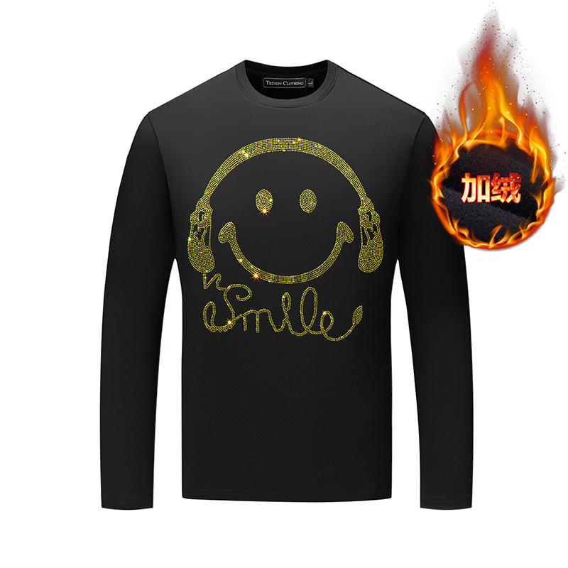 长袖t恤男秋冬烫钻笑脸潮牌2025新款修身加绒保暖打底衫男装上衣