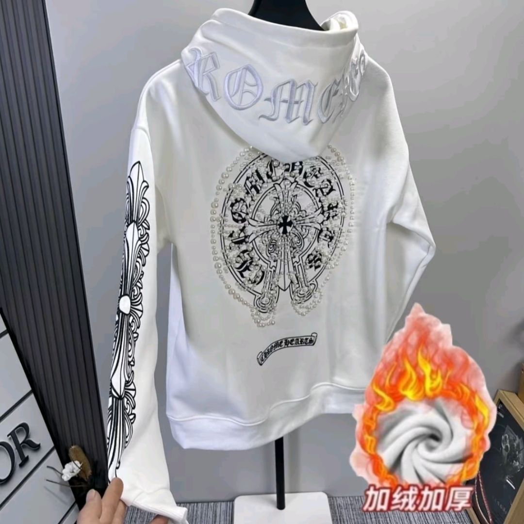 外贸冬季加绒新款潮牌珍珠立体重工刺绣百搭轻奢十字架连帽厚卫衣