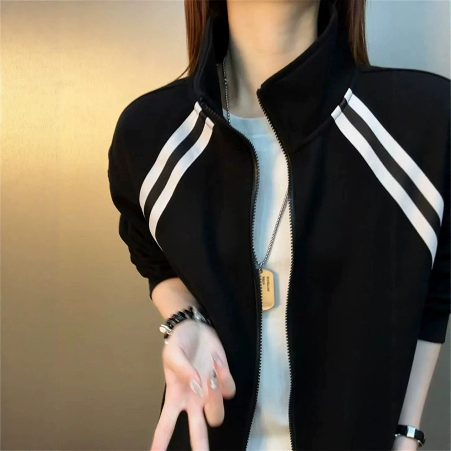 黑色高级感拼接条纹秋冬季外套男女潮牌开衫拉链卫衣立领运动夹克