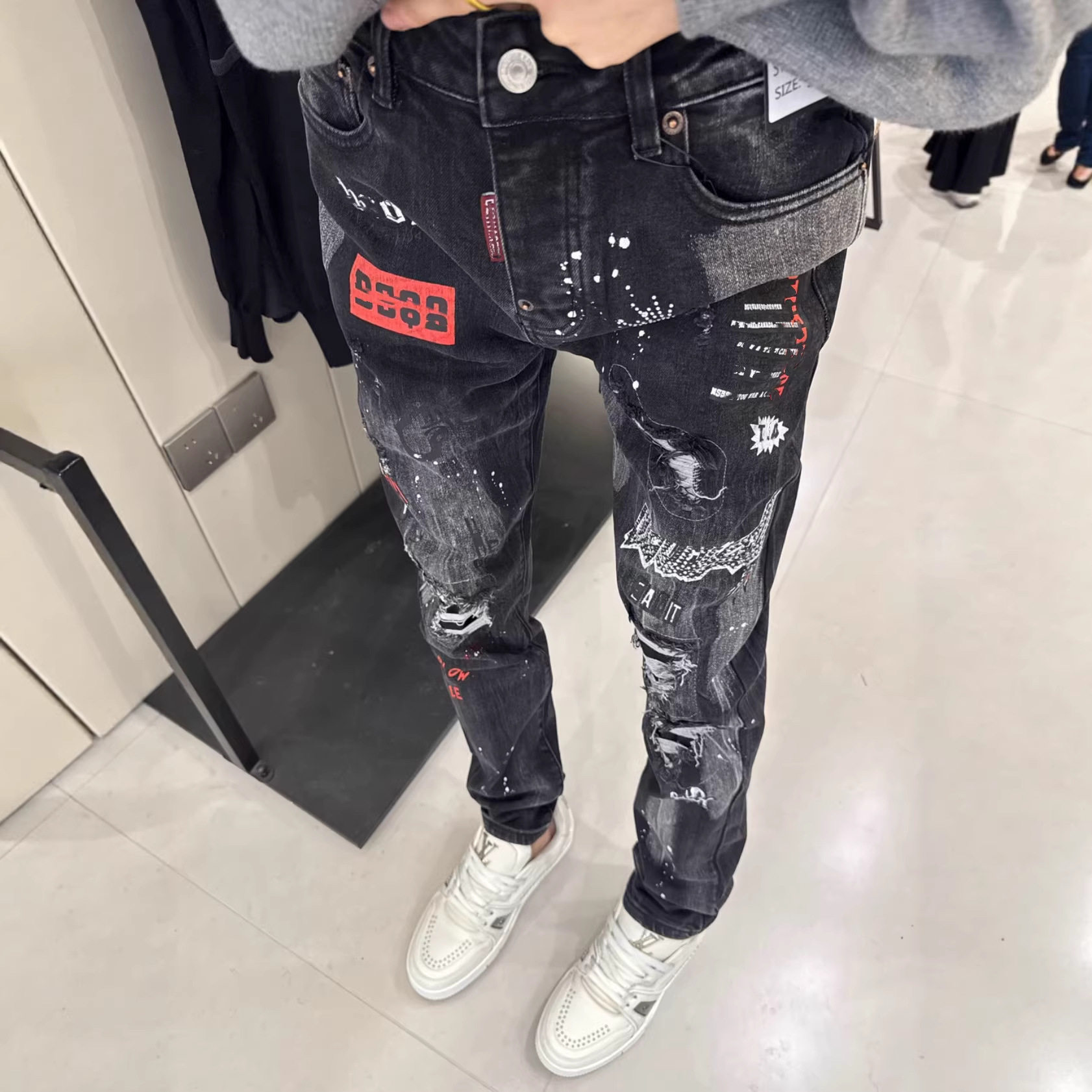 跨境热销刀割烫钻破洞补丁牛仔裤男弹力修身小脚高端复古水洗长裤