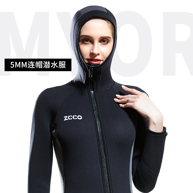 2025新款5mm女款连体带帽潜水服前开拉链头套加厚保暖冲浪服冬防