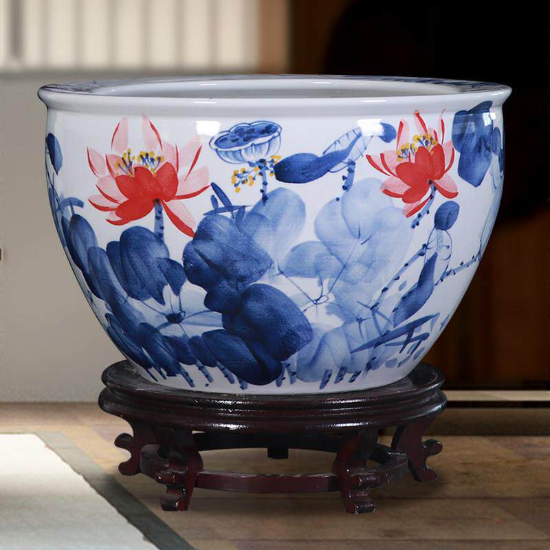 景德镇陶瓷手绘特大号鱼缸客厅养乌龟缸睡莲荷花盆庭院风水缸摆件