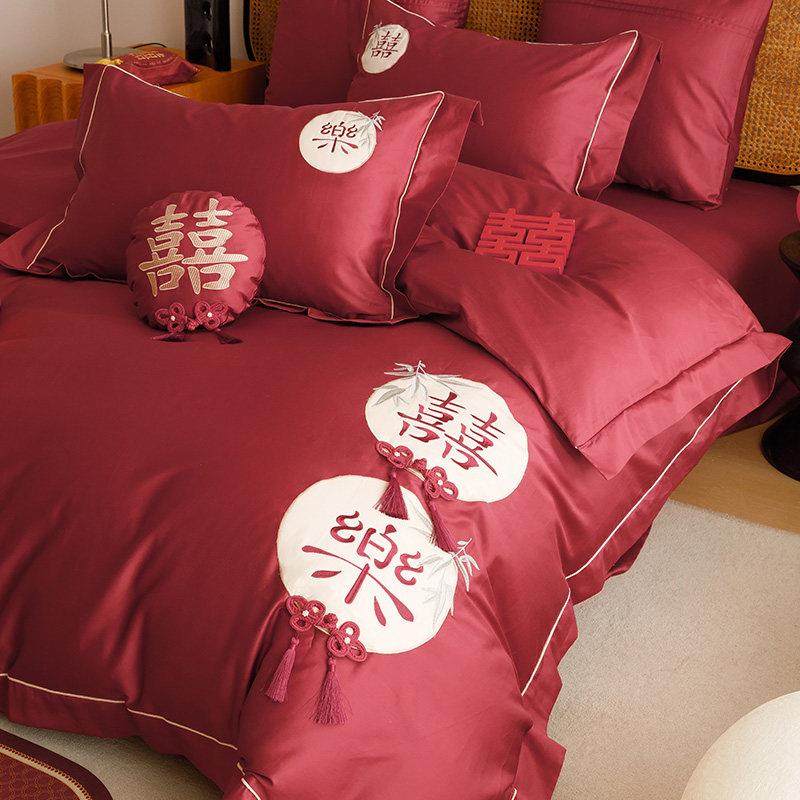 浪漫婚庆高端双股长绒棉四件套中式喜乐刺绣大红色结婚被套床上用