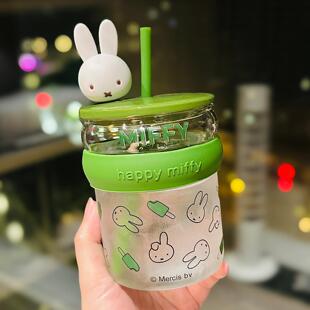 可爱米菲兔玻璃水杯带盖子女生高颜值办公室夏季高颜值咖啡吸管杯