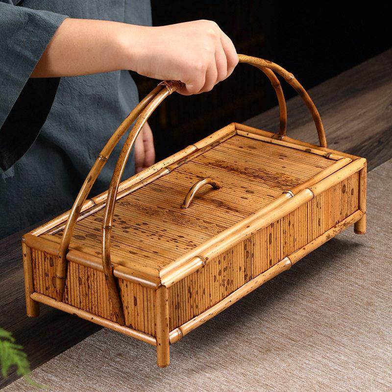 梅鹿竹带盖手提食盒复古茶具长方形收纳盒禅意中式高档大漆提篮