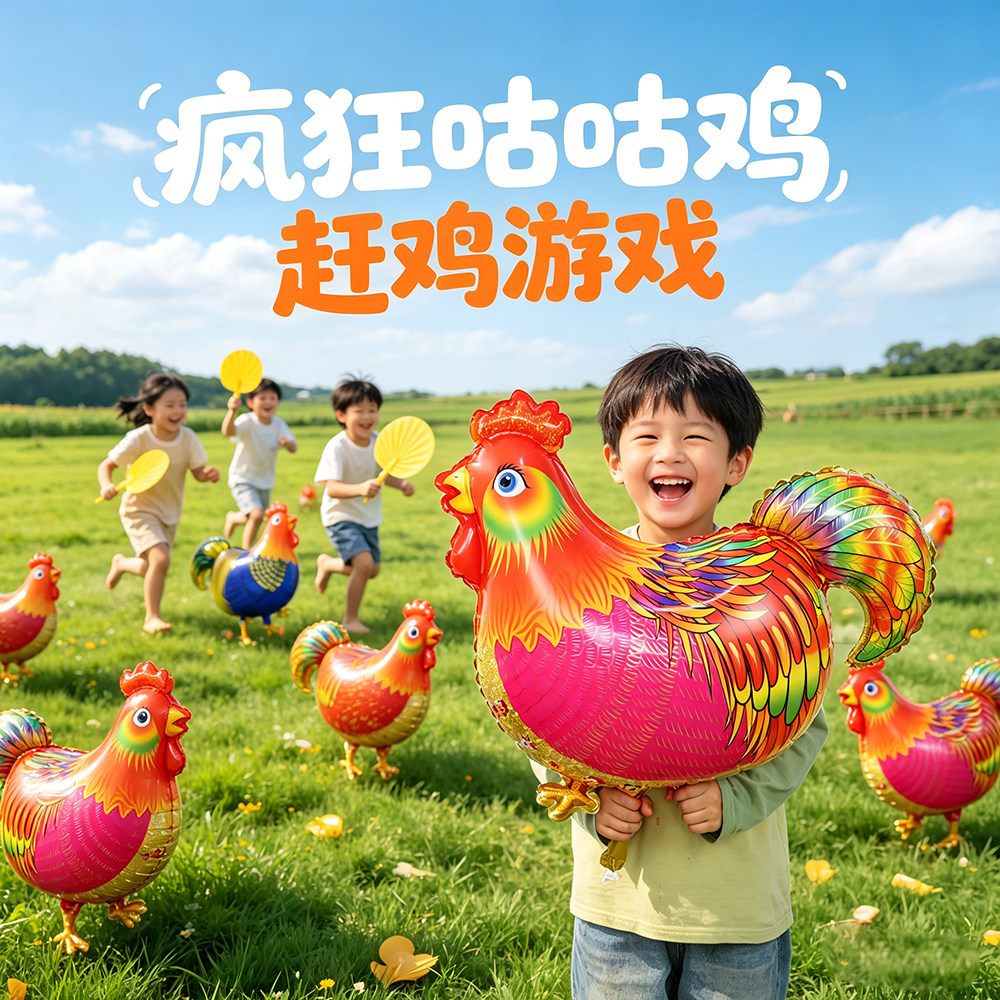 赶鸡入笼团建游戏道具幼儿运动会儿童扇子气球户外大公鸡鸭子气球