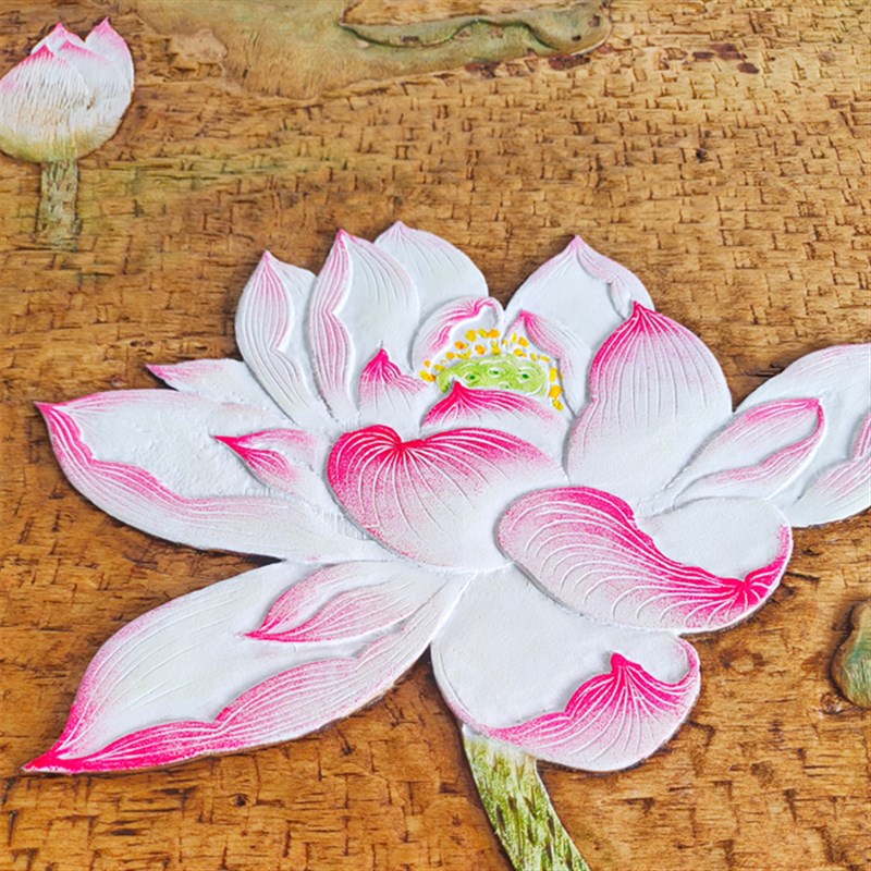 荷花莲花实木雕刻手工木刻版画立体浮雕彩绘客厅背景墙装饰壁挂画图片