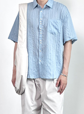 233UNIT 2025夏季新款潮牌小清新蓝色条纹短袖衬衫男休闲衬衣外套