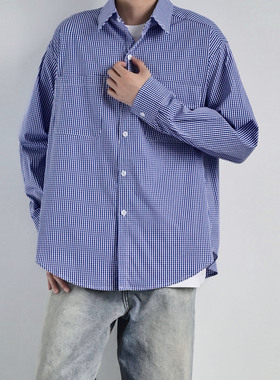233UNIT 美式复古蓝色格子长袖衬衫男2025新款潮牌宽松少年感衬衣