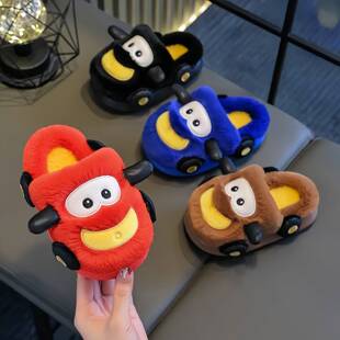 儿童棉拖鞋男童可爱卡通小汽车毛绒防寒保暖家居鞋防滑宝宝棉鞋女