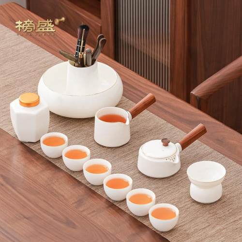 羊脂玉功夫茶具套装家用客厅轻奢办公室茶盘高档白瓷侧把茶壶茶杯