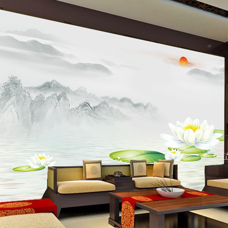 圣洁白莲花墙纸佛堂寺庙背景装饰新中式山水日出禅境茶室荷叶壁画