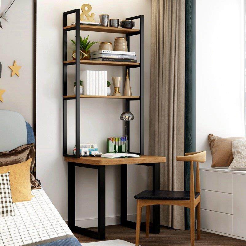 简约家用实木铁艺书桌书架一体电脑桌置物架组合卧室写字学习桌子