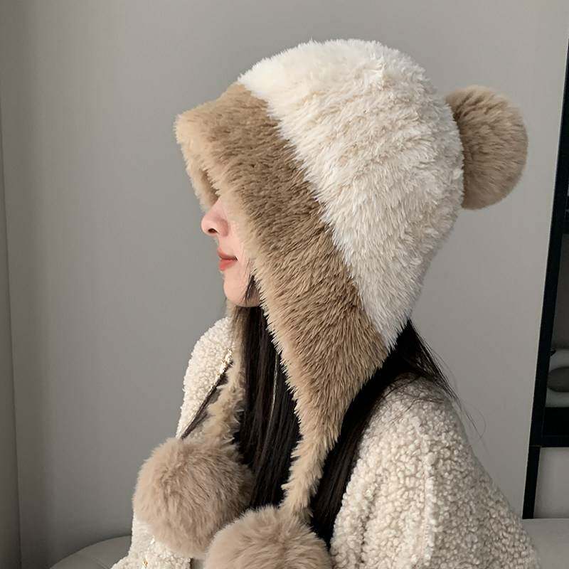 毛绒雷锋帽子女秋冬新款显脸小加绒加厚针织吊球毛线帽保暖护耳