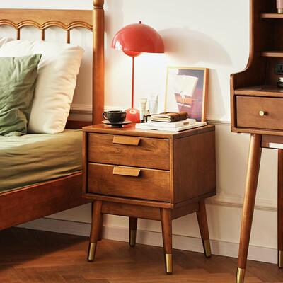 DOJUS北欧实木床头柜双抽铜脚胡桃色现代简约家具卧室床边柜