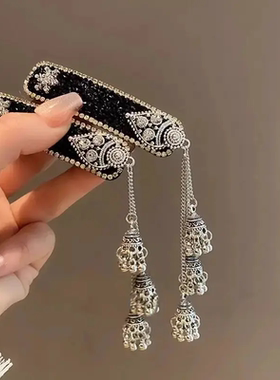 黑色纯手工铃铛流苏发夹女复古刘海侧边夹民族风发卡气质BB夹头饰