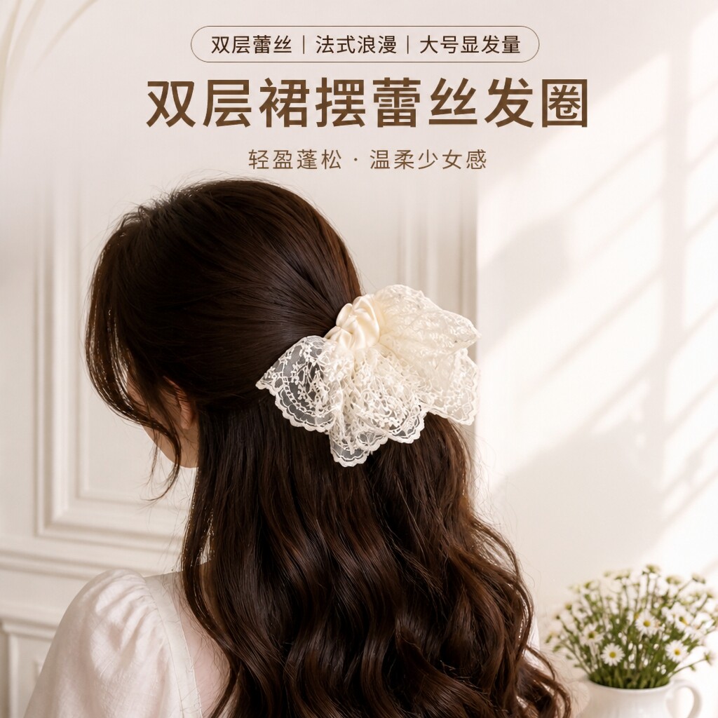 双层裙摆蕾丝发圈法式白色