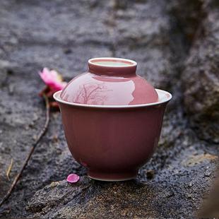 仿古功夫茶具 豇豆红家用薄胎三才盖碗茶壶手绘双线泡茶碗中式