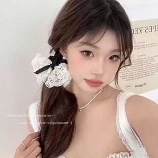 甜美蝴蝶结千金发圈蕾丝双层温柔韩版皮筋时尚刺绣复古发绳气质