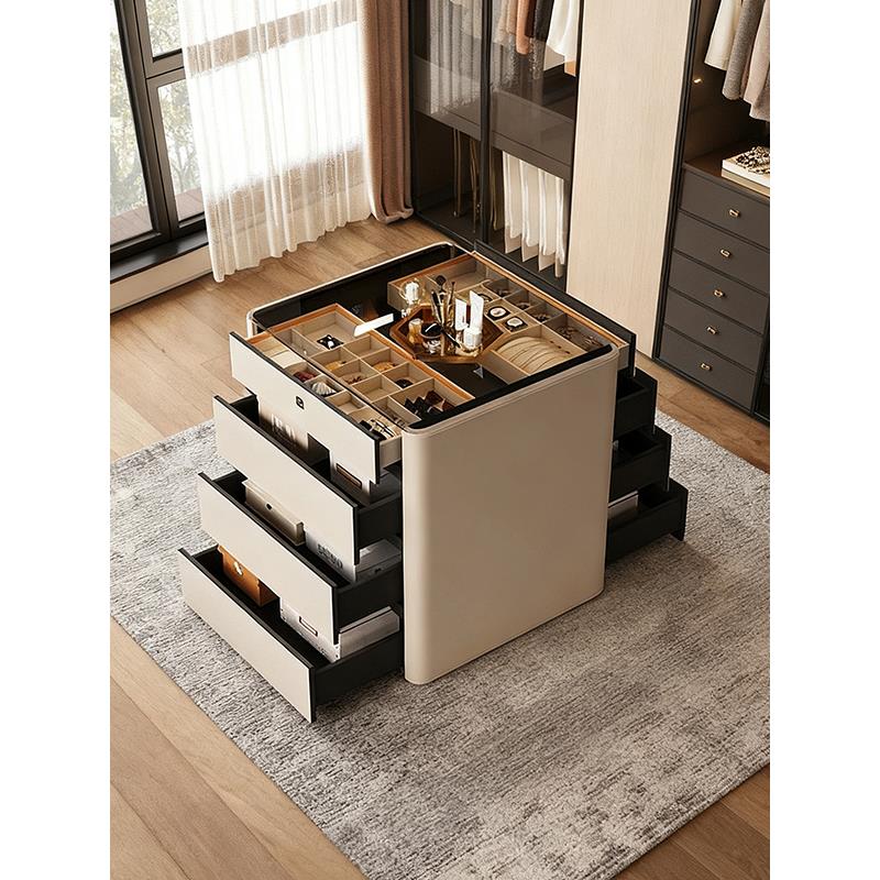 衣帽间落地首饰柜轻奢现代中岛柜马鞍皮珠宝展示柜带指纹锁收纳柜