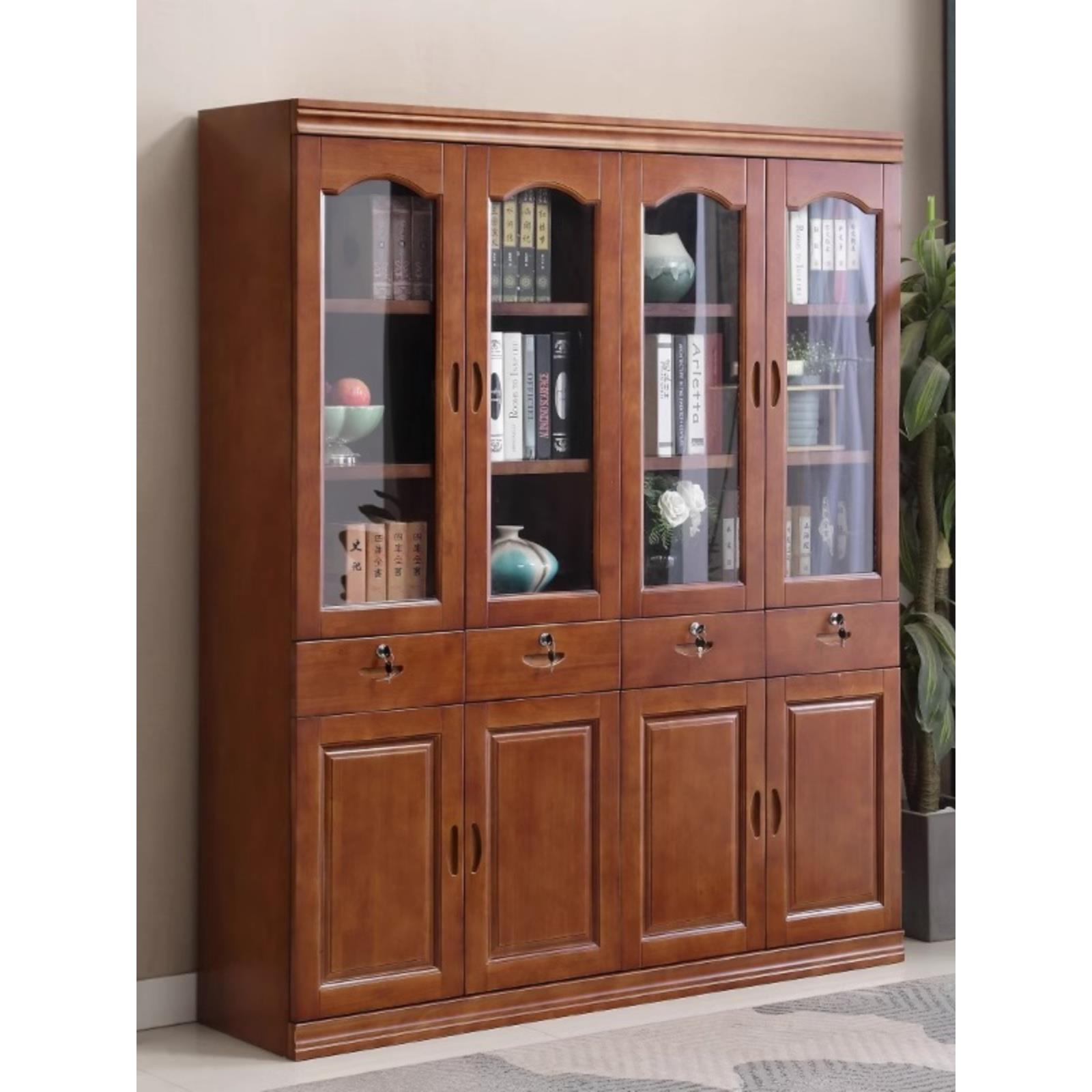 实木书柜带玻璃门三门简约中式书架储物现代家用书橱办公室文件柜