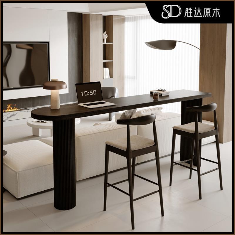 全实木高脚桌吧台桌黑色家用客厅隔断餐桌轻奢加高长条书桌椅组合