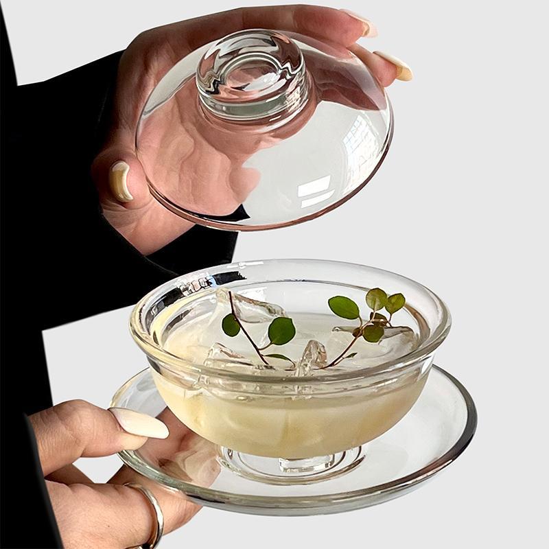 新中式带盖玻璃碗点心甜品碗套装碗透明燕窝盅碗碟套装茶冻糖水碗