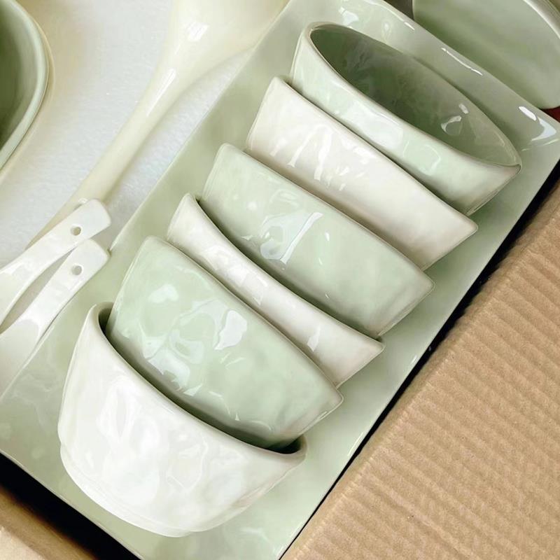奶油风饭碗家用高级感釉下彩陶瓷碗10个装高级感汤粥碗十盘十碗