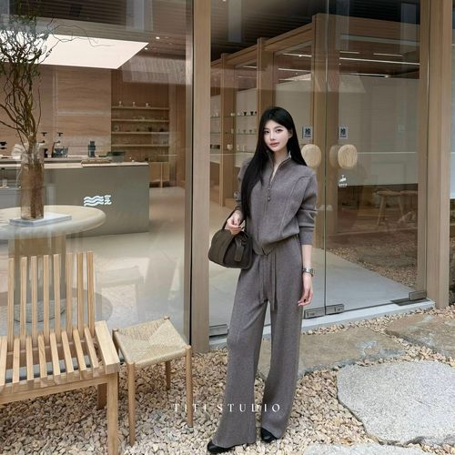 极简纯色立领显瘦双拉链毛衣开衫