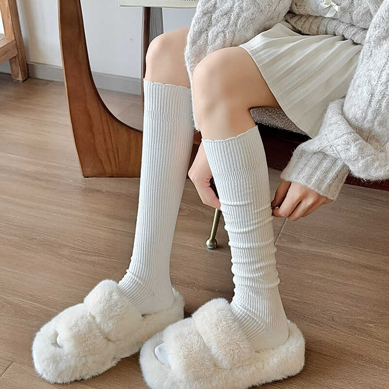 花边长筒小腿袜子女秋冬季双针日