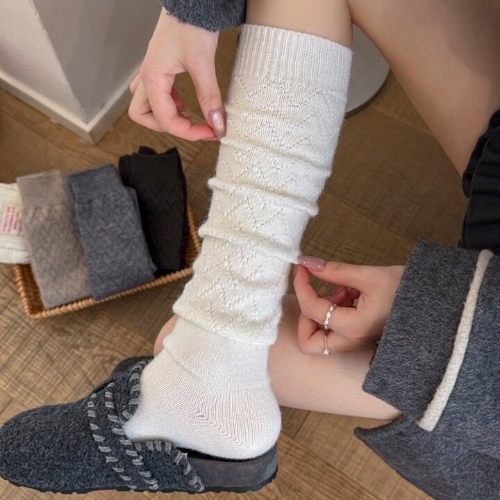 日系镂空羊毛小腿袜子女白色堆堆