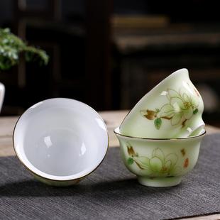 陶瓷功夫兰花小茶杯青瓷家用简约茶具喝茶碗描金单杯品茗杯主人杯