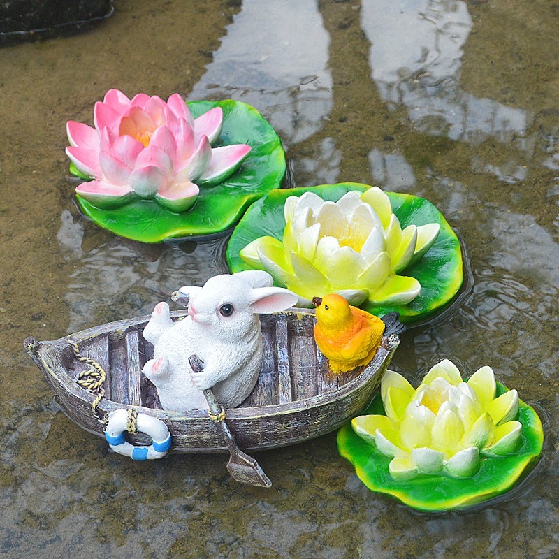小鱼池仿真动物划船兔树脂摆件花园装饰庭院池塘浮水荷花鱼缸造景