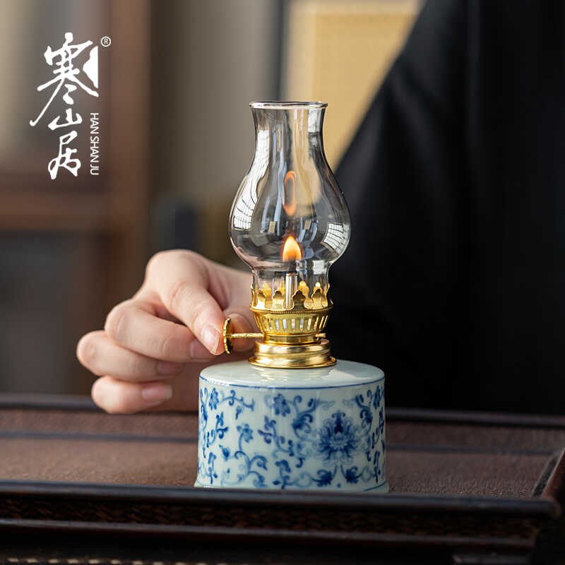 寒山居复古陶瓷酥油灯结婚喜庆灯老式油煤油灯怀旧玻璃灯罩野营灯