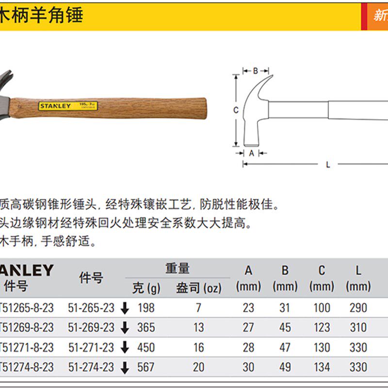 史丹利逃生锤砸汽车玻璃锤羊角锤救生锤铁榔头51265 51269 51271