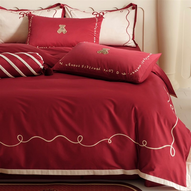 100支长绒棉全棉床单四件套喜乐熊刺绣被套红色婚庆婚庆床品