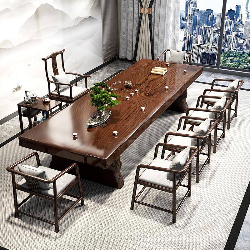 新中式实木大板茶桌泡茶茶几桌椅组合家用整版办公室茶室茶台组合