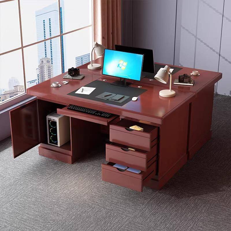 中式油漆办公桌实木贴皮电脑桌办公室员工带抽屉财务带锁职员桌子