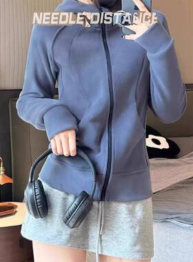 蓝色双面摇粒绒连帽运动衫女冬季新款修身显瘦休闲百搭保暖外套上